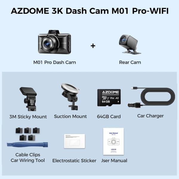 Dash Cam, 3K-upplösning, inbyggd G-sensor, dubbla parkeringslägen,M01 Pro-WIFI, AZDOME Kort 64GB