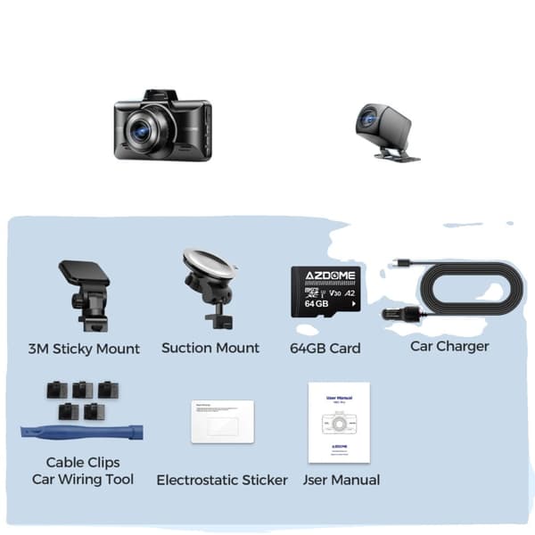 Dash Cam, 3K-upplösning, inbyggd G-sensor, dubbla parkeringslägen,M01 Pro-WIFI, AZDOME Kort 64GB