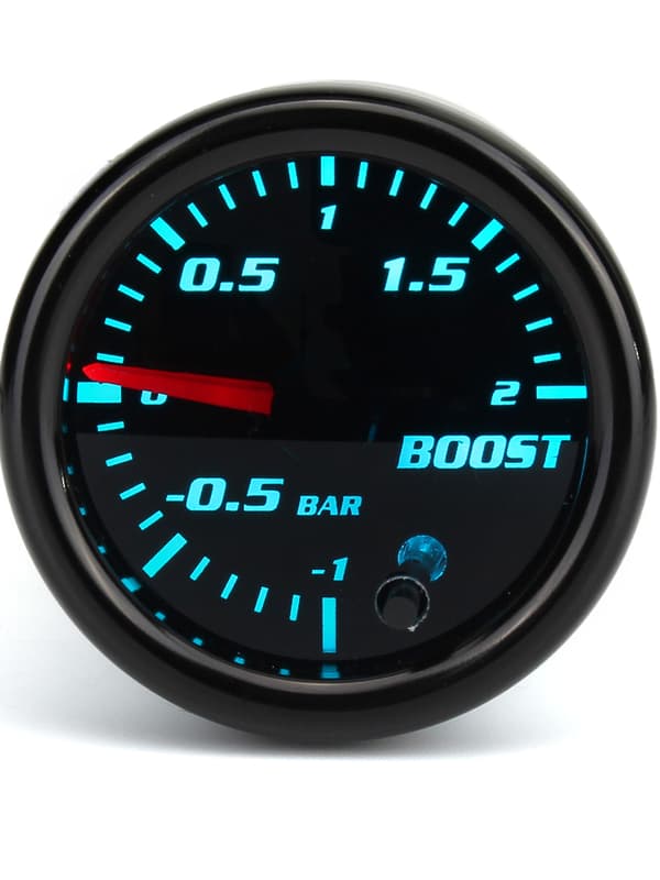 Universaali 12V Auto Auto 52mm Musta Linssin osoittimen tehostusmittari -1~0~2 BAR Turbo Boost mittari 7-värinen LED