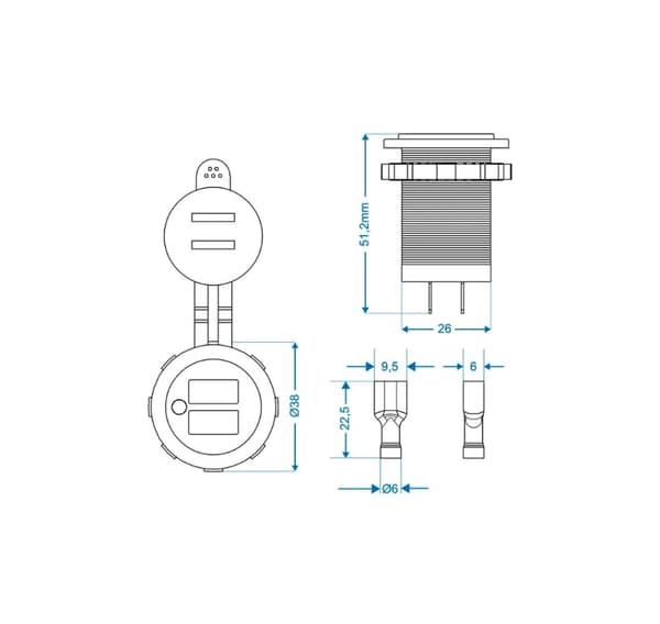 2xUSB stik 2100mA forsænket 12/24V