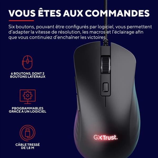 Trust Gaming GXT 924 Ybar+ Gamer, 25600 DPI, 60 % återvunnen, 25K optisk sensor, RGB, 6 programmerbara knappar, USB-kabel - svart