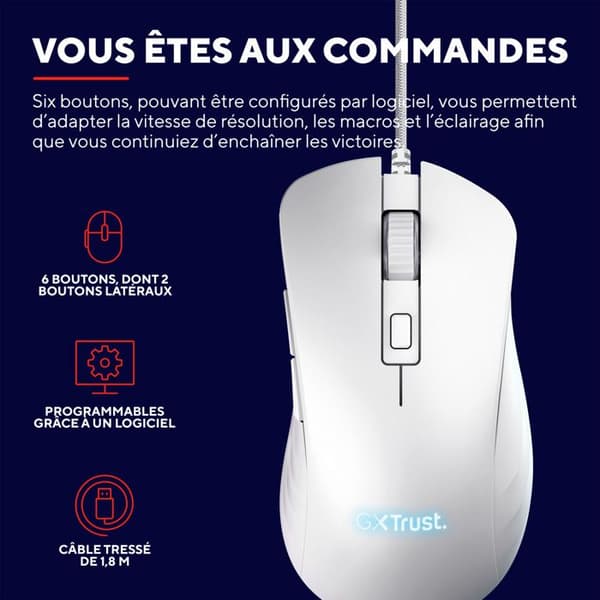 Trust Gaming GXT 924W Ybar+ Gamer, 25600 DPI, 50 % återvunnen plast, 25K optisk sensor, RGB, 6 knappar, USB - vit