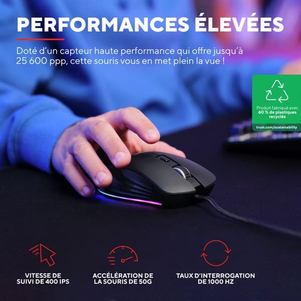 Trust Gaming GXT 924 Ybar+ Gamer, 25600 DPI, 60 % återvunnen, 25K optisk sensor, RGB, 6 programmerbara knappar, USB-kabel - svart