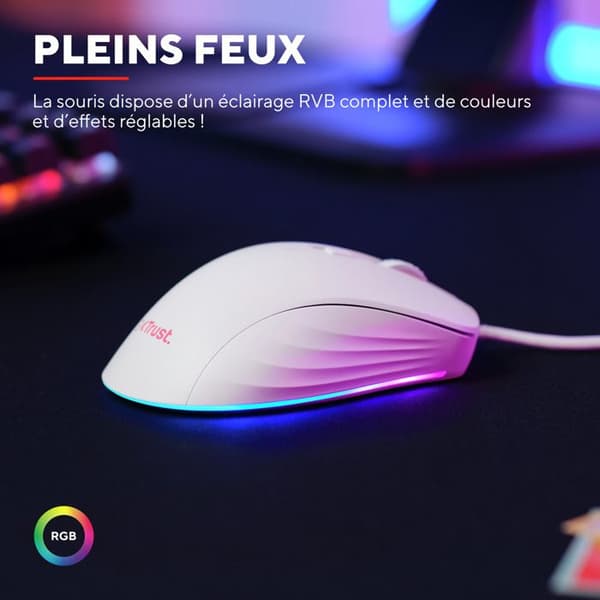 Trust Gaming GXT 924W Ybar+ Gamer, 25600 DPI, 50 % återvunnen plast, 25K optisk sensor, RGB, 6 knappar, USB - vit