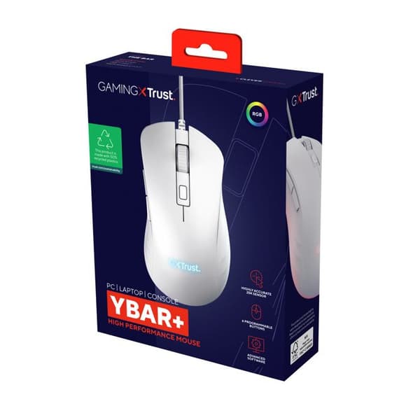 Trust Gaming GXT 924W Ybar+ Gamer, 25600 DPI, 50 % återvunnen plast, 25K optisk sensor, RGB, 6 knappar, USB - vit