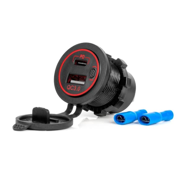 Oplader USB-C og USB-stik, rød baggrundsbelysning 12/24V