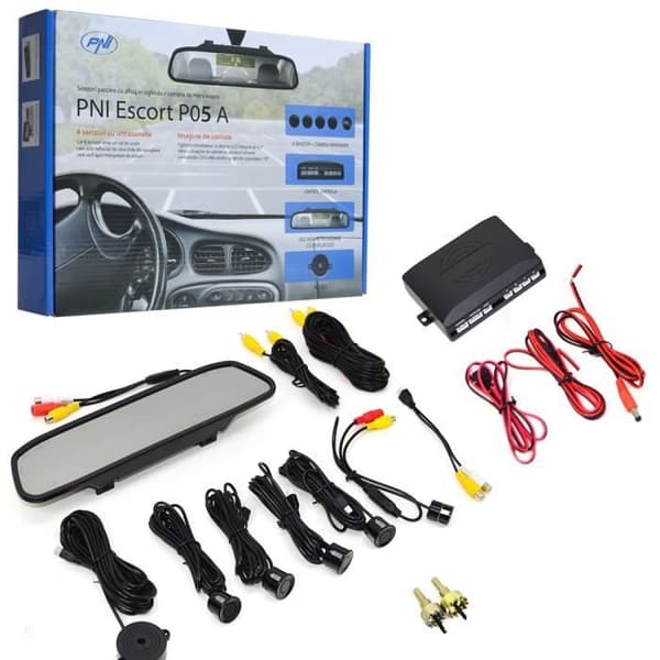 PNI Car Reverse Parking System med LCD-backspegel Escort P05 A med 4 sensorer, backkamera