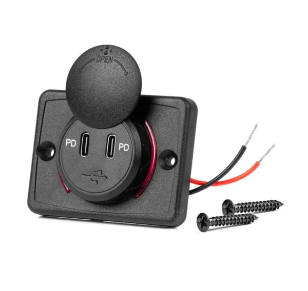 Oplader 2xUSB-C slot 12/24V rød baggrund