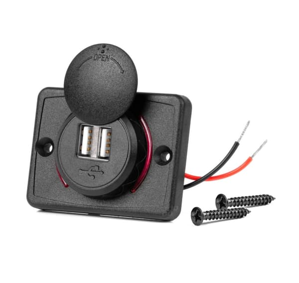 Oplader 2xUSB stik 12/24V rød baggrund