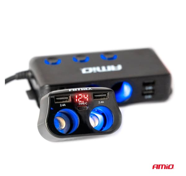 Laturi 2x12/24V pistoke, 2x USB 1x USB-C, volttimittari