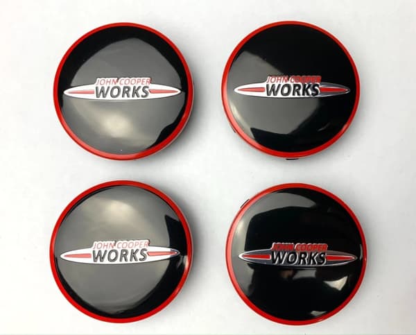 4 x Mini Cooper JCW 56mm Alloy Wheel Centre Caps in Black Silver Hub Logo Emblem Badge