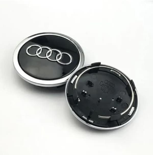 4 svarta hjulcenter med kromring 69mm Audi emblem navskydd