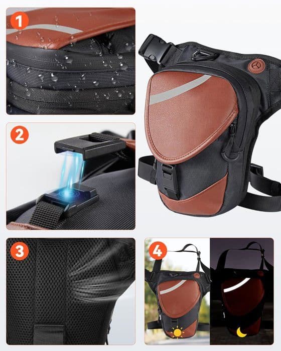 AGPTEK Motorcykelbenväska för män och kvinnor, Vattentät Motorcykel Fanny Pack Läderbensväska med reflexer, för resor, racing, cykling