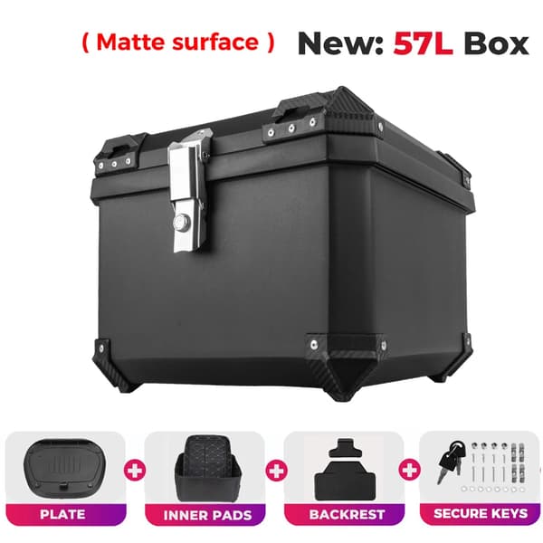 Moottoripyörän takalaatikko, 45L kapasiteetti, vedenpitävä rakenne,57L Matte Box in Finnish is "57L Matte Box".