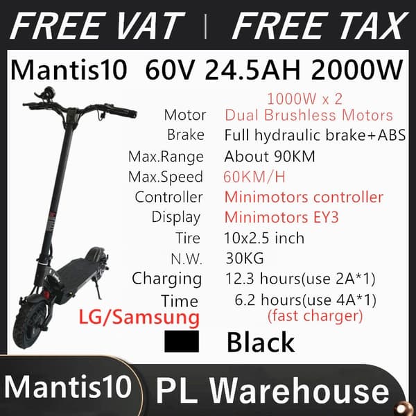 Kaabo Mantis 10 Scooter 60V 18.2AH 24.5AH 2000W Electric Scooter Foldable Hoverboard Skateboard VAT Inclusive