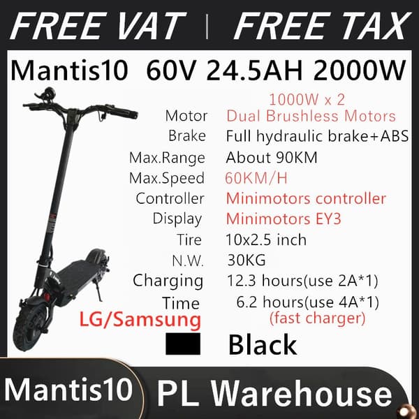 Kaabo Mantis 10 Scooter 48V 60V 18.2AH 24.5AH 800W 2000W Electric Scooter Foldable Hoverboard VAT Inclusive