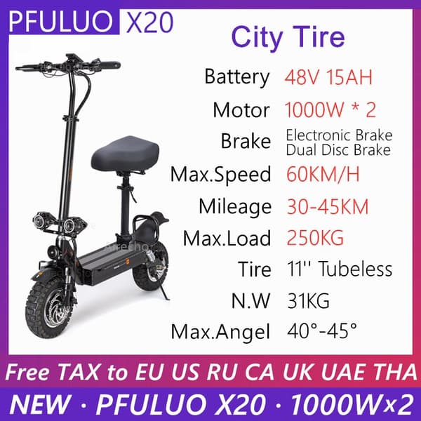 NEW PFULUO X20 Dual Drive E-Scooter 48V 2000W Electric Scooter with Seat Off-road skateboard Kickacooter hoverboard