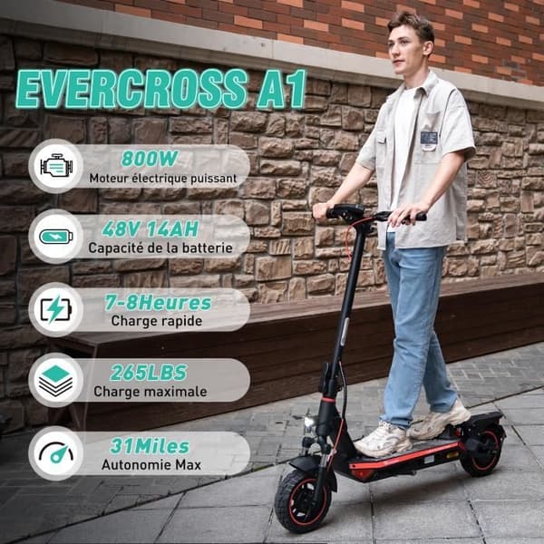 EVERCROSS A1 hopfällbar elektrisk skoter för vuxna 10" 800W 3 hastighetsläge 2 bromsar och stötdämpare LED-skärm Bluetooth APP Röd
