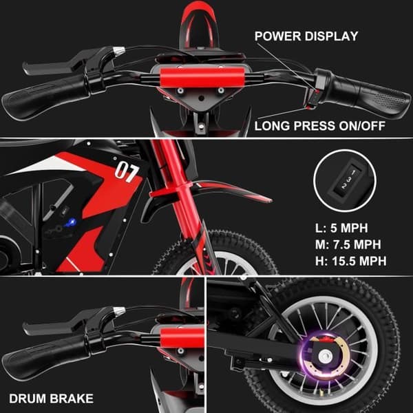 EVERCROSS EV12M elektrisk motorcykel för barn 3-12 år 300W 25KM/H 3 hastighetsnivåer, 12" däck Super Gift Red