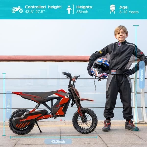 EVERCROSS EV12M elektrisk motorcykel för barn 3-12 år 300W 25KM/H 3 hastighetsnivåer, 12" däck Super Gift Red