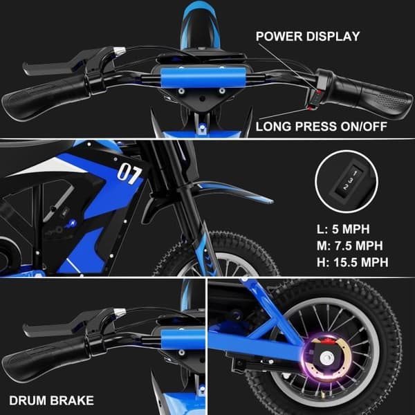 EVERCROSS EV12M elektrisk motocross för barn 3-12 år 300W 25KM/H 3 hastighetsnivåer, 12" däck superblå present