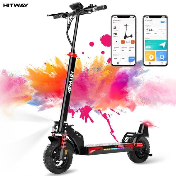 Fällbar Elkickbike - HITWAY - 10" uppblåsbara däck - 800W - APP - Batteri 48V 15.6Ah - SvartRöd Scooter