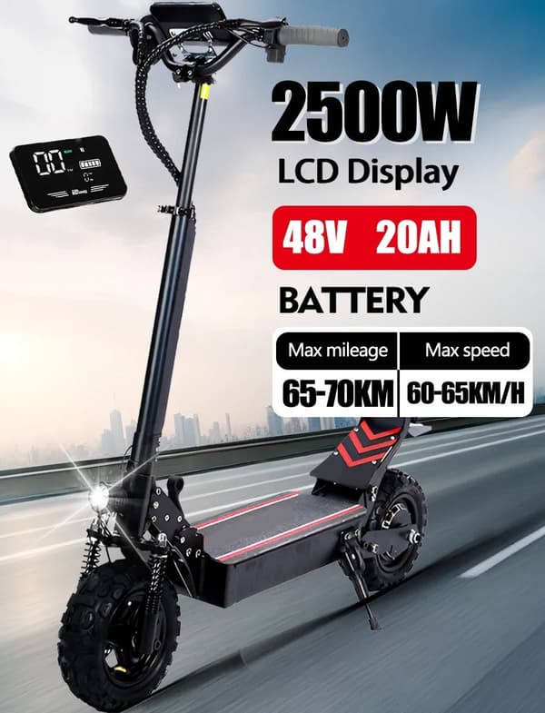 2500W-48V-20Ah 50-60km/h hopfällbar elektrisk skoter med LCD display, elskoter, elsparkcykel, 40-60 km räckvidd, 11" terrängdäck