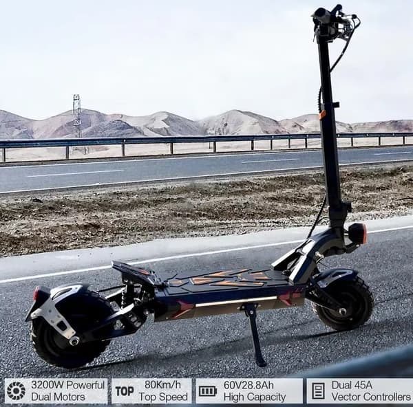 3200W-60V-28.6AH hopfällbar elektrisk skoter, elsparkcykel, elskoter, 10" däck, 80 km/h, 90 km räckvidd, dubbla motorer