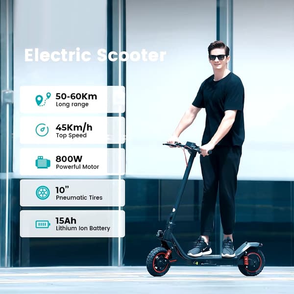 800W 15Ah elektrisk skoter, elsparkcykel, elskoter, räckvidd 50-60 km, 45 km/h maxhastighet, 10-tums däck