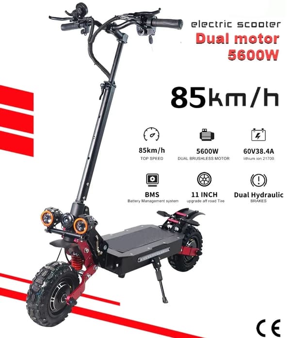 5600W-60V-38Ah elektrisk skoter med dubbla motorer, hopfällbar elskoter, 85km/h elsparkcykel, 100km max körsträcka