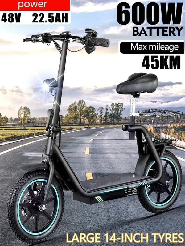 600W-48V-22.5Ah 25-45km/h elektrisk skoter med sits och bakkorg, elsparkcykel, elskoter, 45km räckvidd, 14 tum stora däck