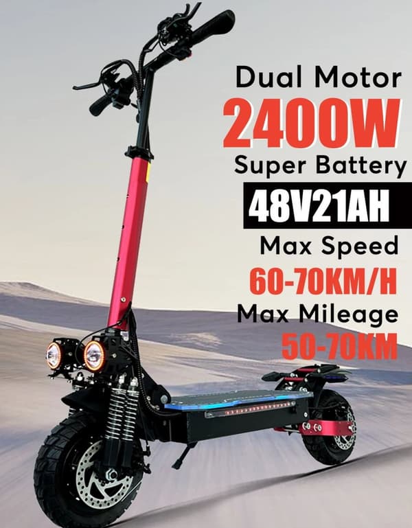 2400W-48V-21Ah elektrisk skoter med dubbla motorer, hopfällbar elsparkcykel, elskoter, 60-70km/h, 50-70km räckvidd, 10 tums däck