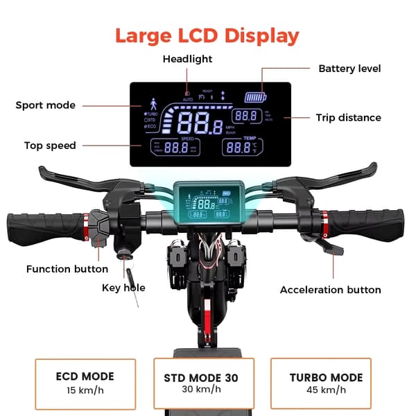 800W 48V 15Ah 45 km/h hopfällbar vuxen elsparkcykel med LCD display, elektrisk skoter, elskoter, 10 tum terrängdäck, 45km räckvidd