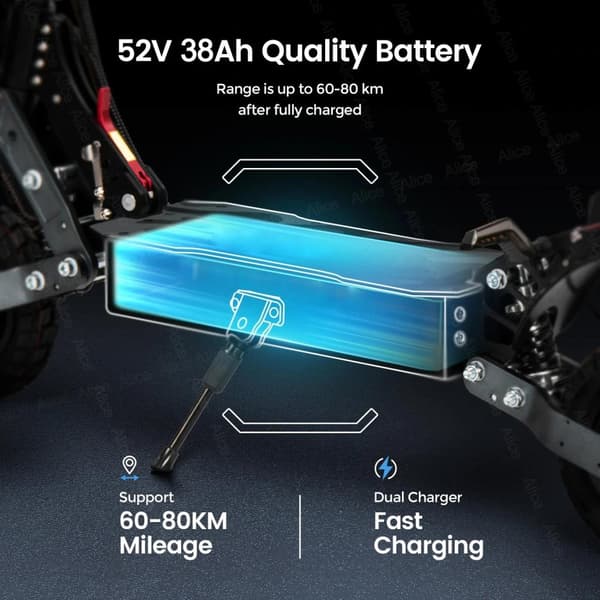 3800W-52V-38Ah 75km/h elektrisk skoter med dubbla borstlösa motorer, vuxen terräng elsparkcykel, hög effekt elskoter