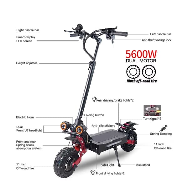 5600W 60V 38Ah 85km/h 100 km räckvidd elskoter med dubbla motorer, hopfällbar elsparkcykel med 11" däck, elskoter