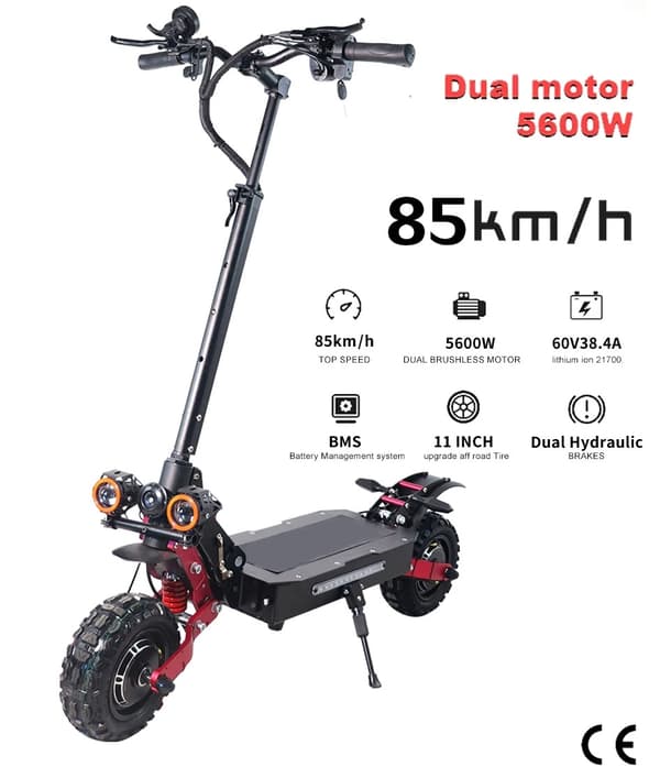 5600W 60V 38Ah 85km/h 100 km räckvidd elskoter med dubbla motorer, hopfällbar elsparkcykel med 11" däck, elskoter