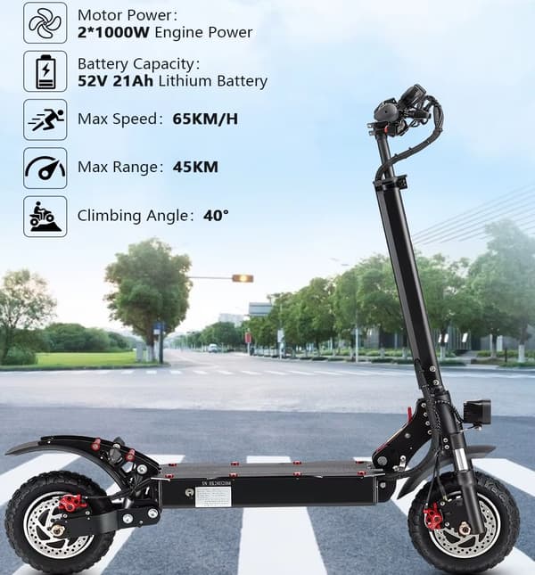 2000W 52V 21Ah 65km/h dubbeldriven elektrisk skoter för vuxna, off-road elsparkcykel, elskoter, 45km körsträcka