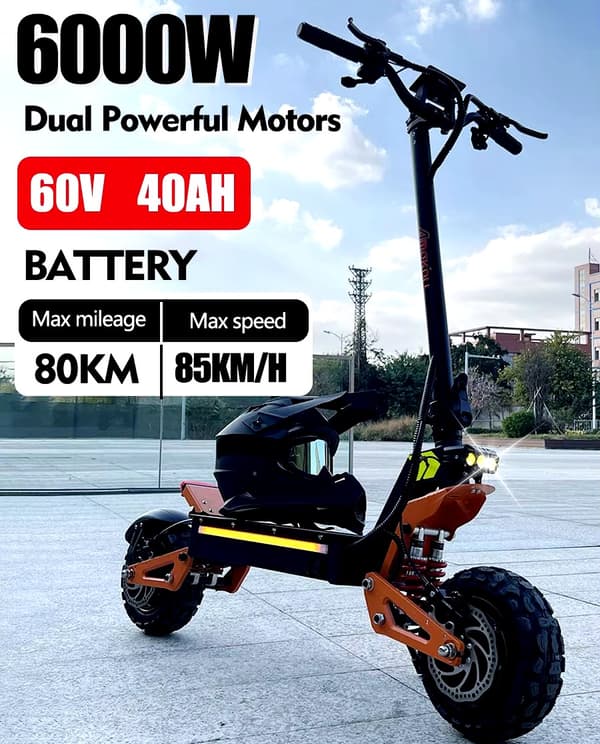 6000W 60V 40Ah elektrisk skoter med dubbla motorer, hopfällbar elskoter med 11" däck, 85km/h 80km körsträcka elsparkcykel