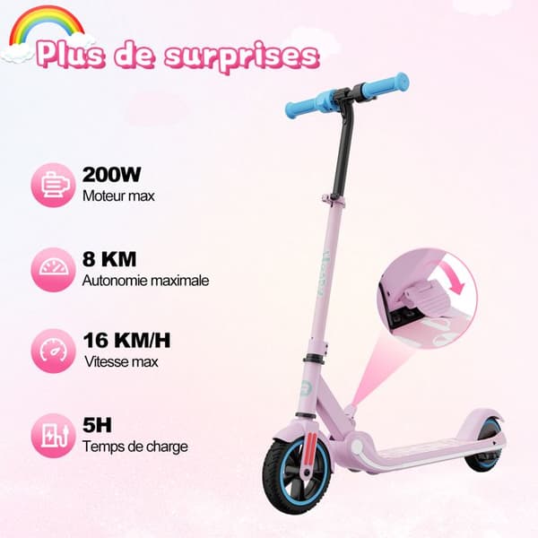 Elektrisk skoter för barn 6-12 år - RCB - LED-skärm - Färgglada neonljus - Justerbar hastighet och höjd Idealisk present Rosa