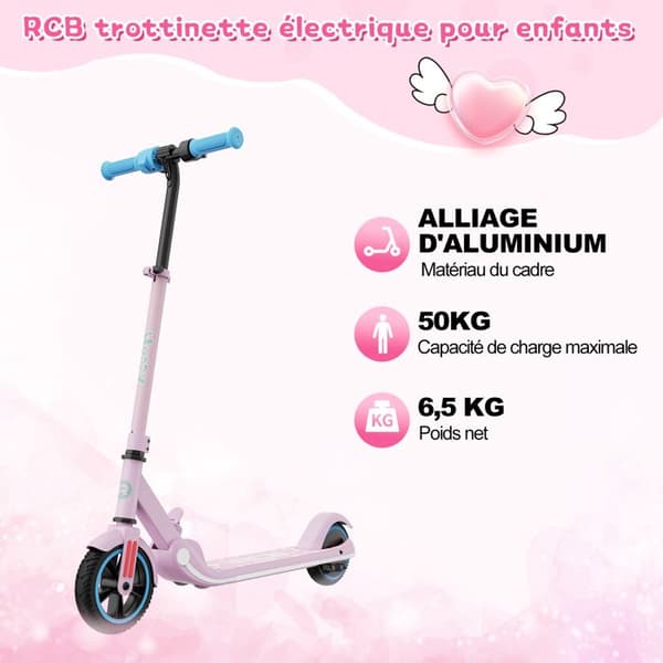 Elektrisk skoter för barn 6-12 år - RCB - LED-skärm - Färgglada neonljus - Justerbar hastighet och höjd Idealisk present Rosa