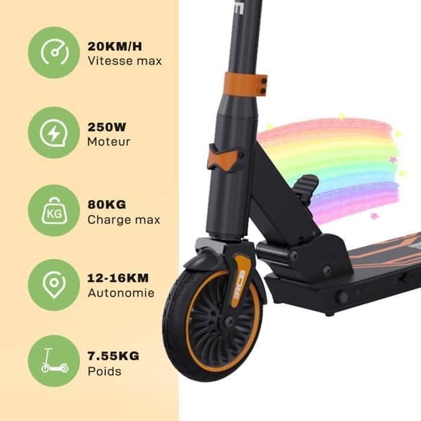 RCB Elektrisk skoter för barn Ålder 8-12-16 år Endast 7,55 kg Hopfällbar justerbar höjd Present för barn och tonåringar Orange