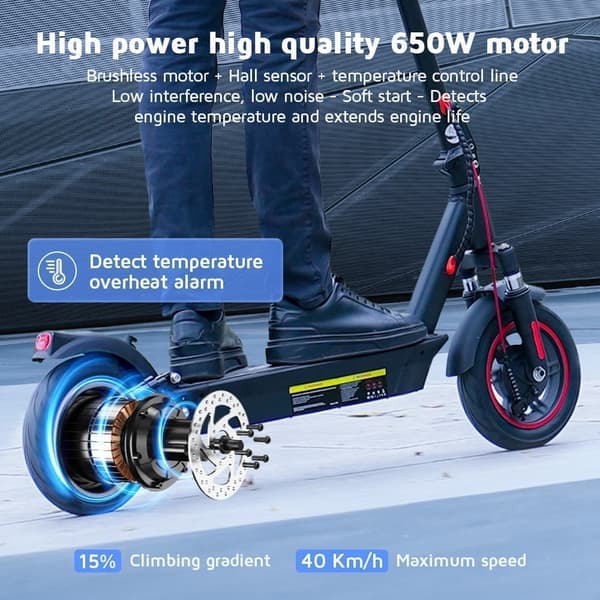 iScooter i10 taitettava E-skootteri | 36V 15Ah akku, 10" ilmarenkaat, 40 km toimintasäde, 650W moottori – Max 120 kg (musta)