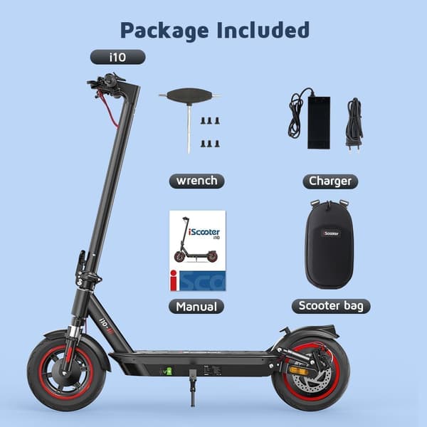 iScooter i10 taitettava E-skootteri | 36V 15Ah akku, 10" ilmarenkaat, 40 km toimintasäde, 650W moottori – Max 120 kg (musta)