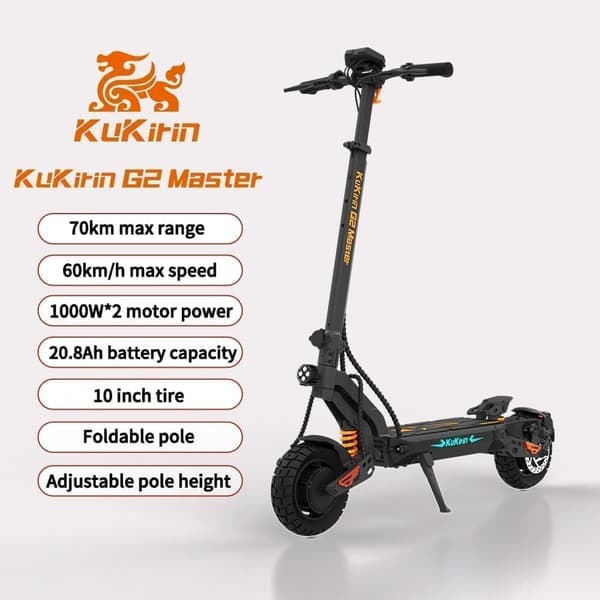 KuKirin G2 Master 10-tommer off-road pneumatisk dæk, 1000W*2 dobbeltdrevsmotor, 52V20.8Ah batteri Maks. hastighed 60 km/t