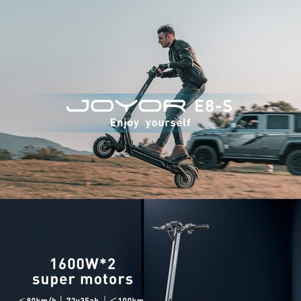 Joyor E8-S elektrisk scooter - 1600Wx2 motorer, 72V batteri til 80km+ rækkevidde og 80km/t hastighed