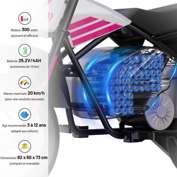 Elmotorcykel för barn 3-12 år - EVERCROSS - 300W - 100.8Wh Grå Rosa