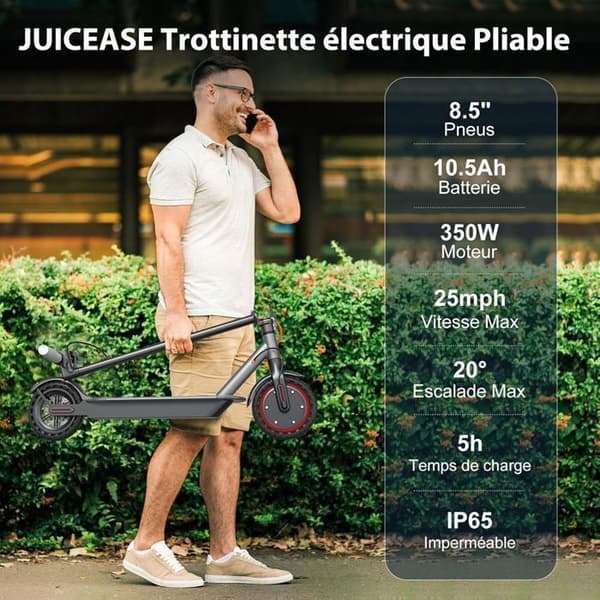 Trottinette elektrisk JUICEASE ES80 E Scooter, Räckvidd 35KM, 350W, Maxhastighet 25KM/H, 8.5", 36V 10.5Ah, APP, Fällbar, Svart