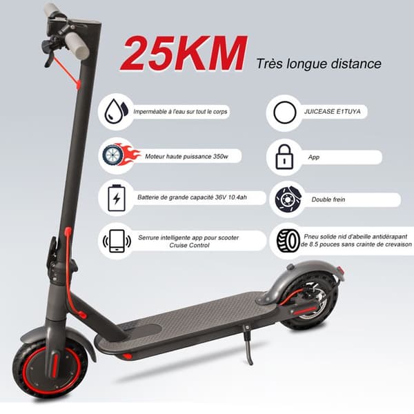 Trottinette électrique JUICEASE E1TUYA, Vuxenscooter, 350W, Räckvidd 25KM, Max hastighet 25KM/H, 8.5", 36V 10.4Ah, APP, Fällbar, Svart