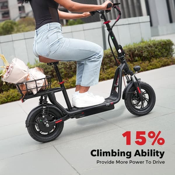 iScooter i12 elektrisk scooter med sæde til voksne, 500 W, 12 tommer, dobbelt affjedring, til bypendling, med basketball-sort