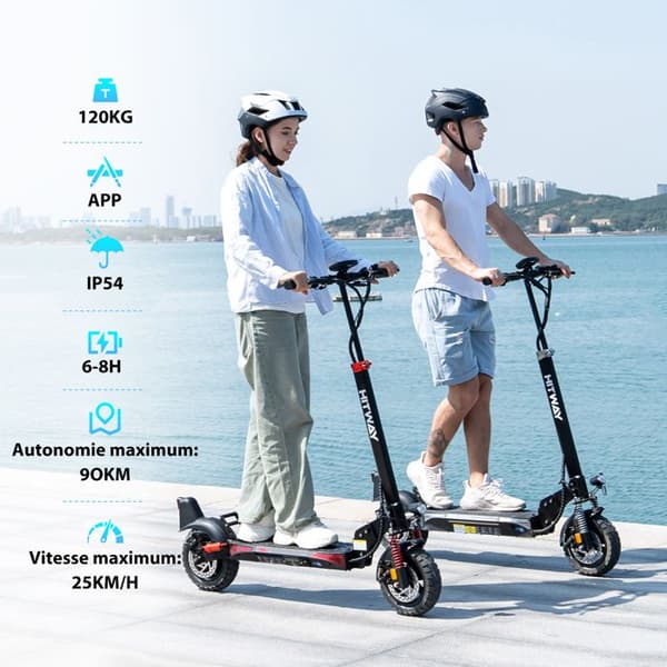 Fällbar El-scooter - HITWAY - Uppblåsbara däck 10" - 800W - APP - Batteri 48V 20.8Ah - Svart&Grå Scooter